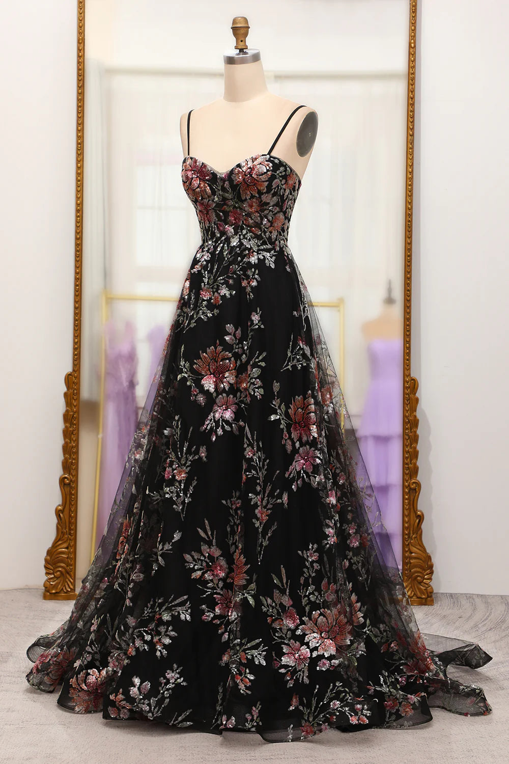 Luolandi A Line Black Floral Spaghetti Straps Printed Long Prom Dress With Flowers Beautiful