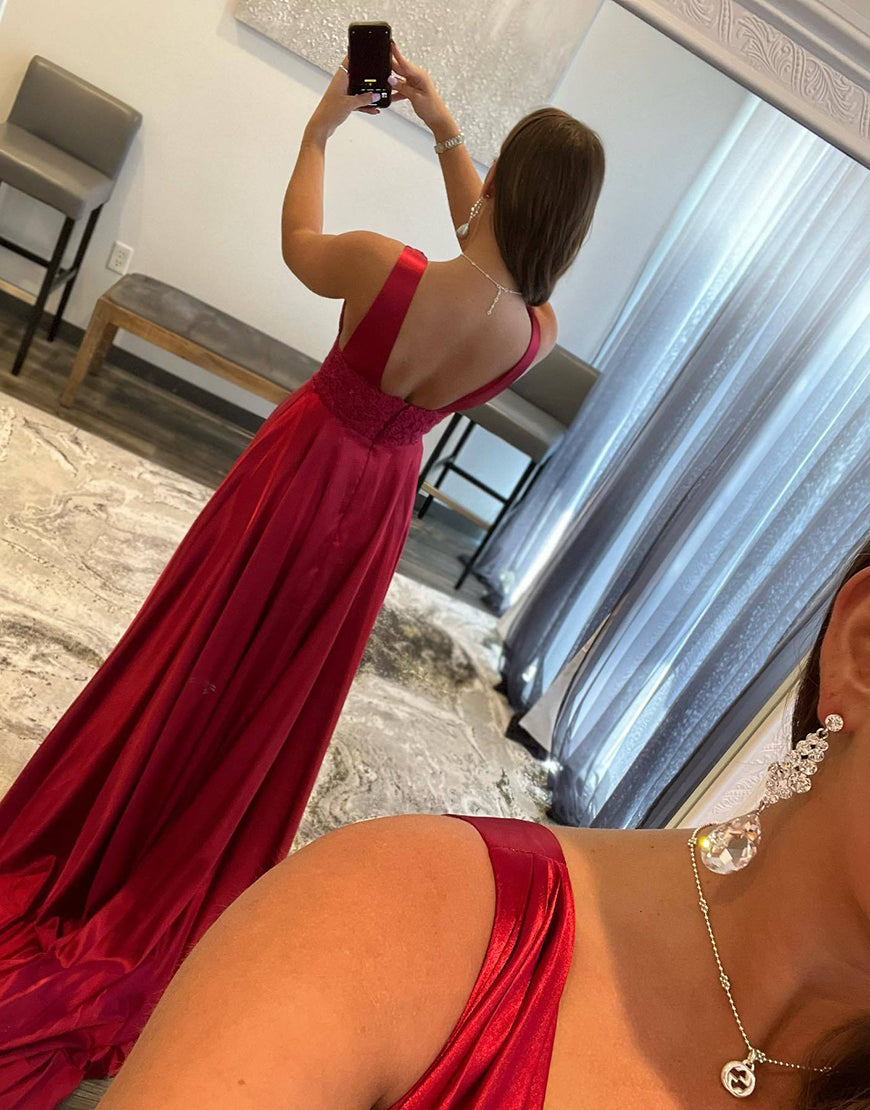 Luolandi Deep V-neck Satin Prom Dress with Split Burgundy Sexy Evening Dresses