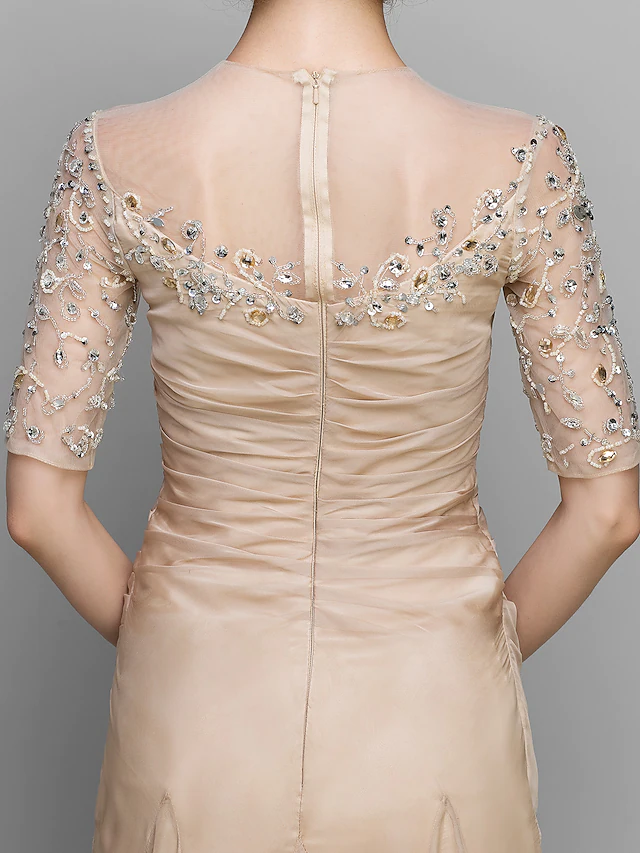 Luolandi A-Line Mother of the Bride Dress Vintage Inspired Jewel Neck Ankle Length Chiffon Half Sleeve with Ruched Beading Champagne