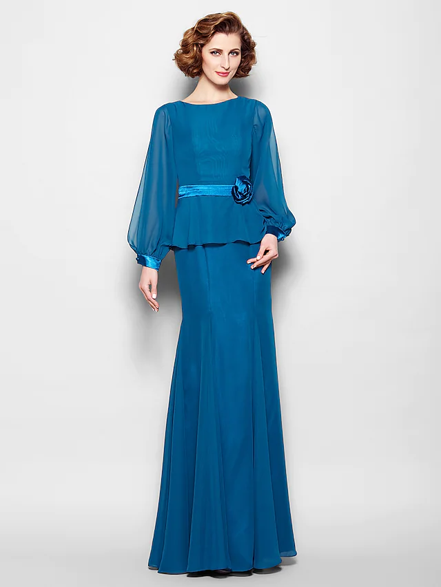 Luolandi Mother of the Bride Dress Vintage Inspired Jewel Neck Floor Length Chiffon Long Sleeve with Flower