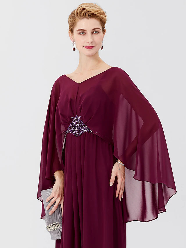 Luolandi Sheath / Column Mother of the Bride Dress Formal Classic & Timeless Elegant & Luxurious Elegant V Neck Floor Length Chiffon Long Sleeve with Pleats