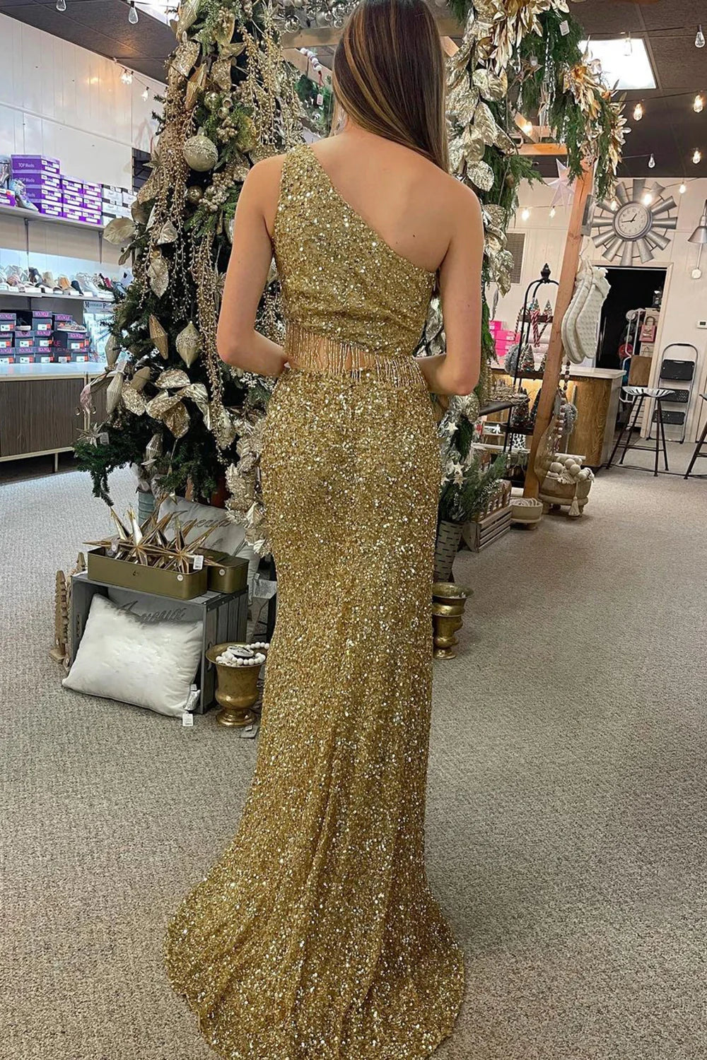 Luolandi Golden Mermaid One Shoulder Fringe Sequin Prom Dress With Slit Sexy Sparkly Evening Dress