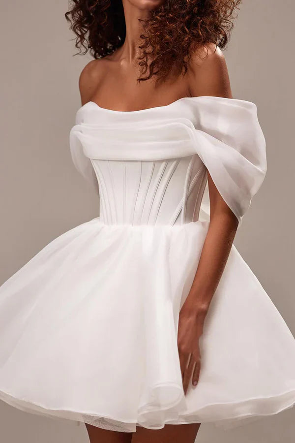 Luolandi Unique sheer A-shaped off shoulder strap short wedding dress Sexy