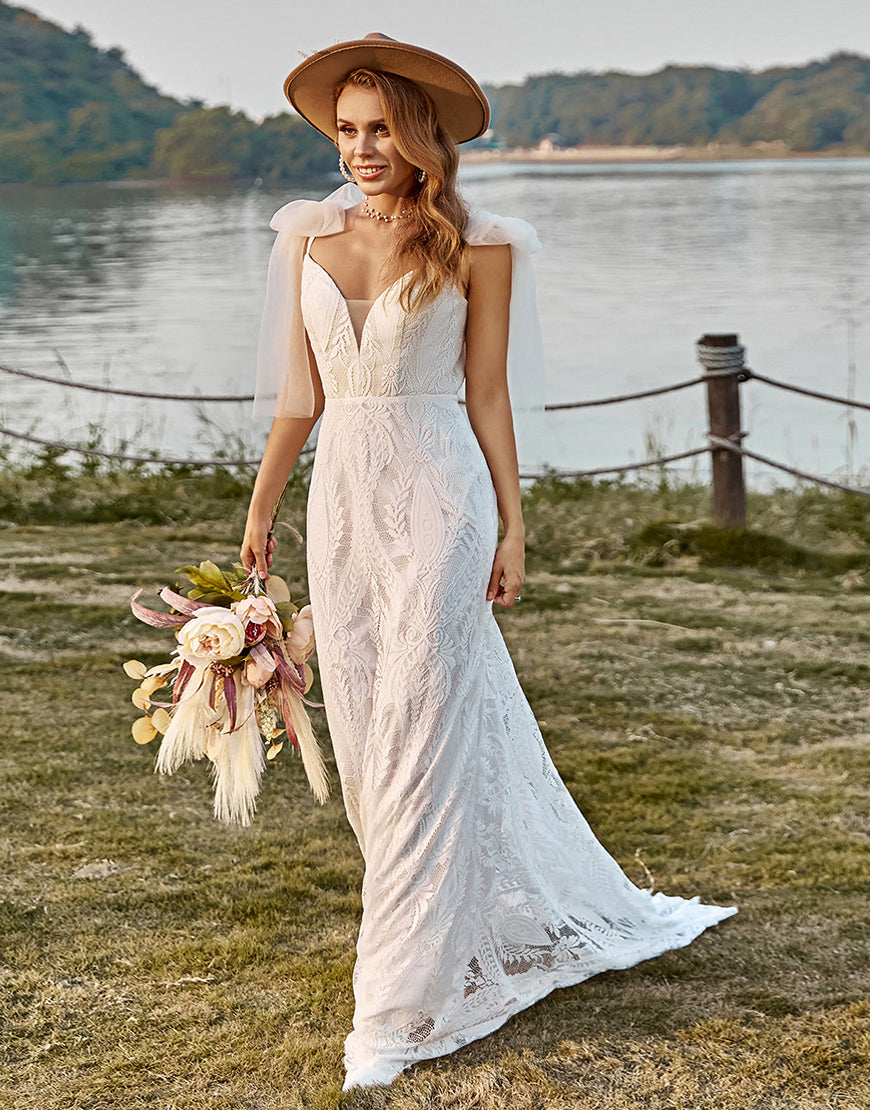 Luolandi Ivory Mermaid Lace Sweep Train Boho Wedding Dress Floor Length Sexy