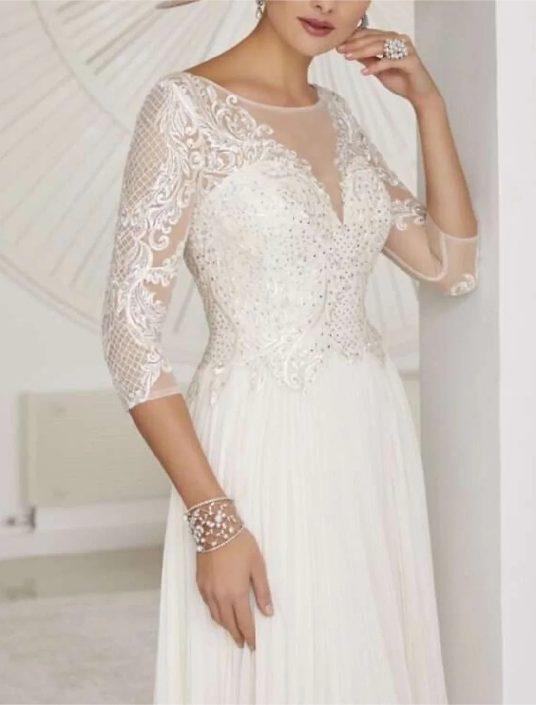 Luolandi Little Dresses Formal Wedding Dresses A-Line Boat Neck 3/4 Length Sleeve Tea Length Chiffon Bridal Gowns With Pleats Beading Elegant