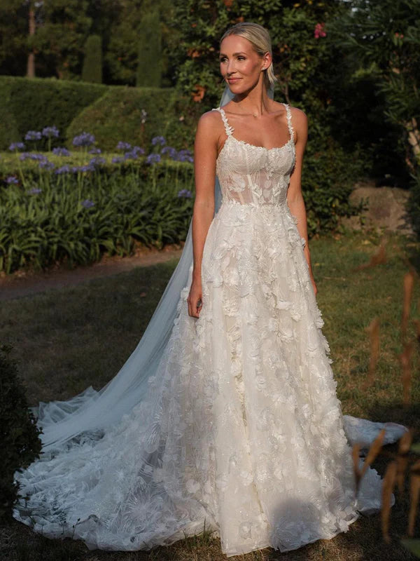 Luolandi 3D Flowers Wedding Gown Floral Lace Boho Wedding Dresses A Line Floor Length Elegant