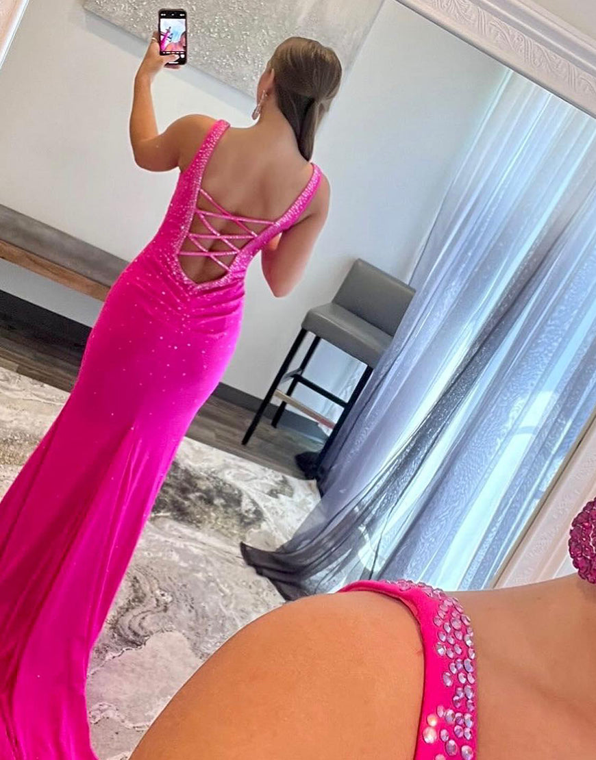Luolandi Pink Mermaid Prom Dress with Beading V-neck Sexy Evening Dress