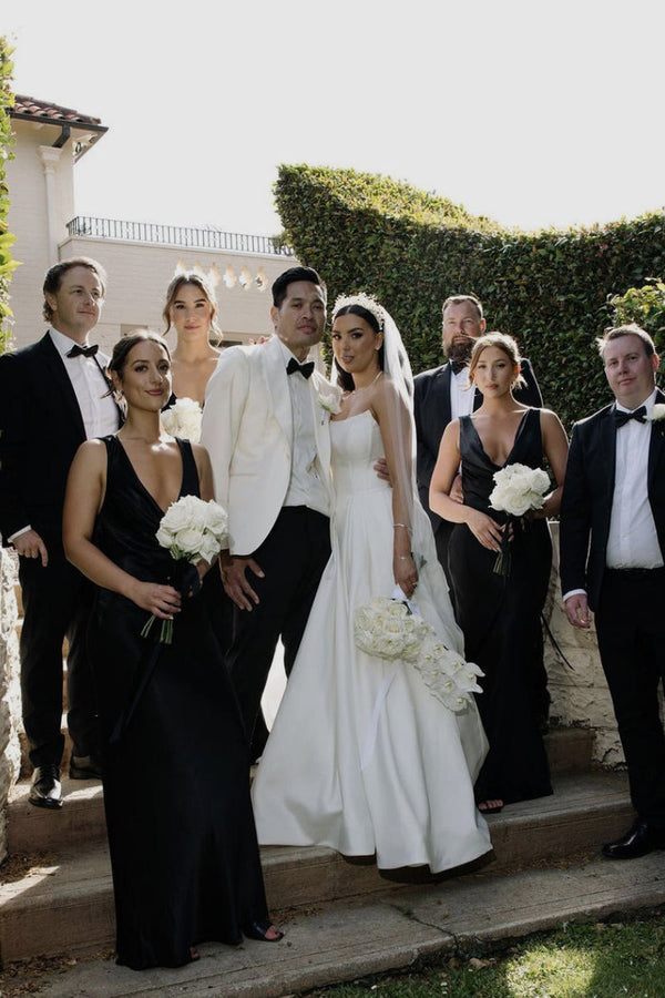 Luolandi Elegant A-Line Strapless Satin Wedding Dress with Slit Off Shoulder Sexy