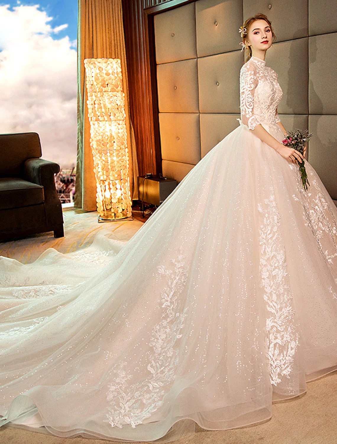 Luolandi Engagement Sparkle & Shine Formal Wedding Dresses Ball Gown High Neck Long Sleeve Cathedral Train Lace Bridal Gowns With Sequin