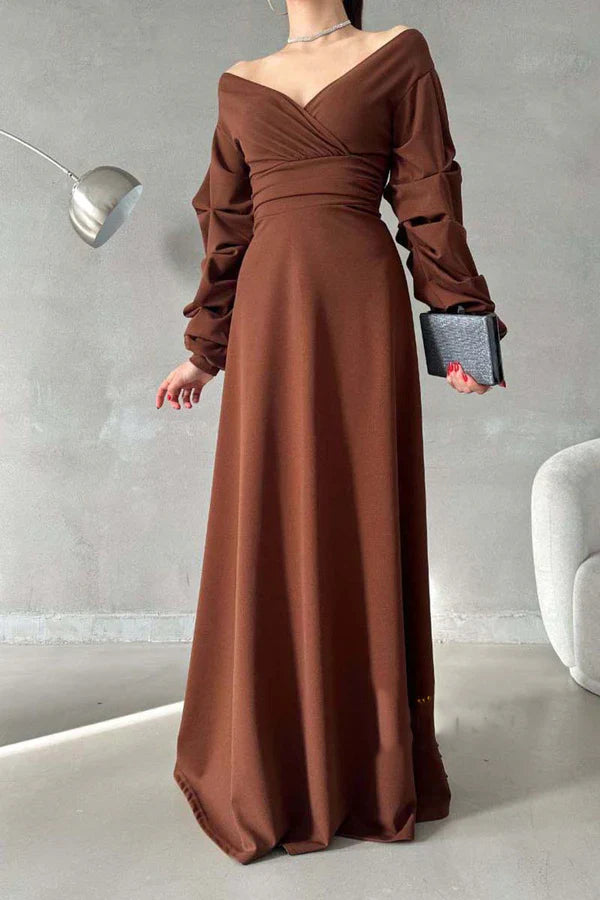 Luolandi Minimalist A-line V-neck off shoulder bubble sleeves long dance party evening dress Sexy