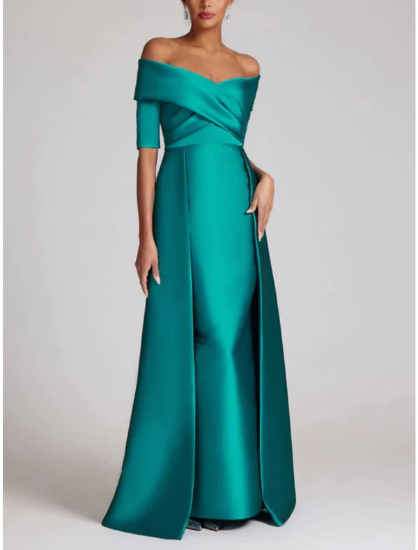 Luolandi Sheath / Column Evening Gown Elegant Dress Formal Sweep / Brush Train Half Sleeve Off Shoulder Satin with Ruched Sexy