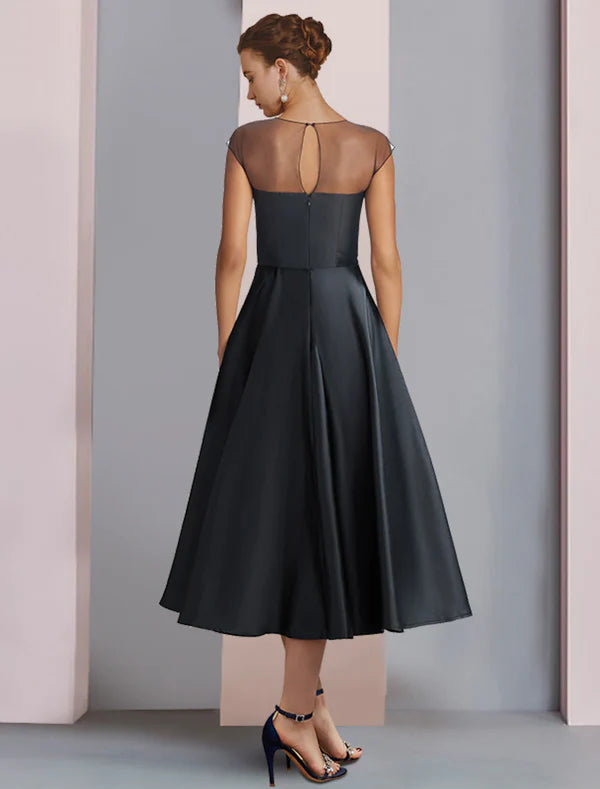 Luolandi A-Line Mother of the Bride Dress Wedding Guest Party Elegant Scoop Neck Tea Length Satin Half Sleeve with Pleats Flower Black