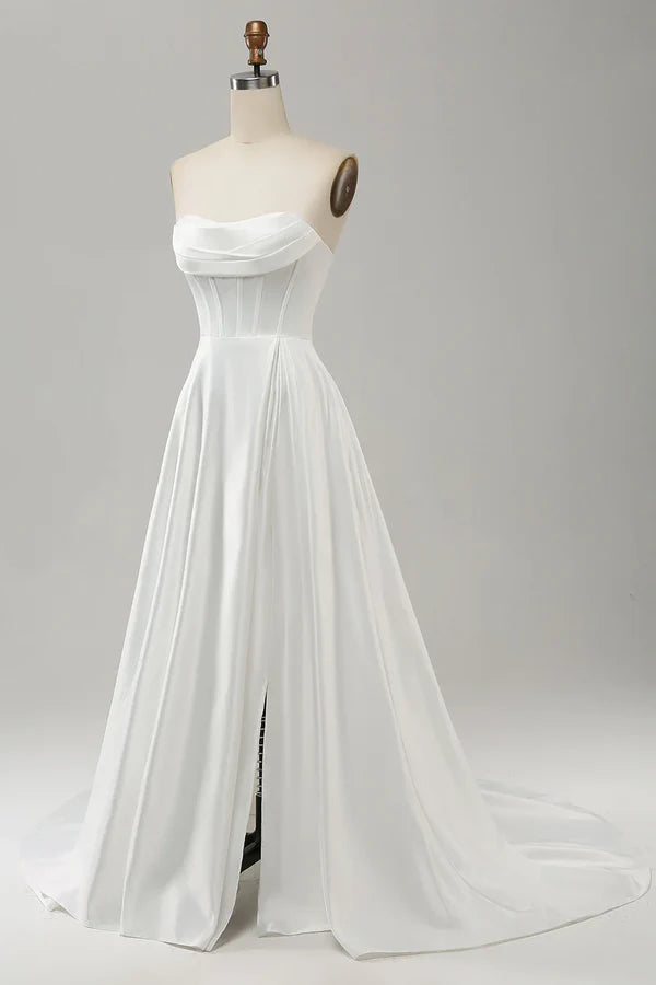 Luolandi Elegant A-line strapless pleated sweep trailing slit Off Shoulder Wedding Dresses