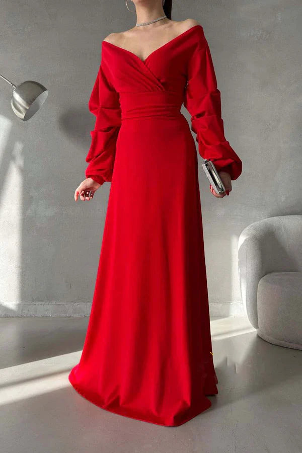 Luolandi Minimalist A-line V-neck off shoulder bubble sleeves long dance party evening dress Sexy