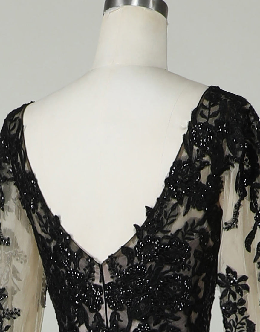 Luolandi Black V Neck Long Sleeves Sequins Wedding Dress With Appliques Sexy