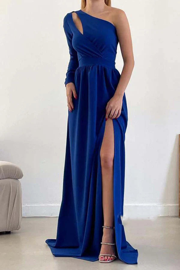 Luolandi A-line One Shoulder Waist Long Sleeve Split Ball Dress Backless Evening Dress Pure Color