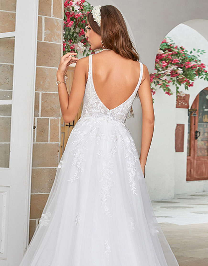 Luolandi Elegant V-Neck Sweep Train Wedding Dress with Lace Floor Length Sexy Bridal Gown