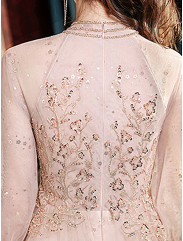 Luolandi A-Line Sparkle Princess Prom Formal Evening Dress Jewel Neck Long Sleeve Floor Length Tulle with Pleats Beading Sequin Beautiful