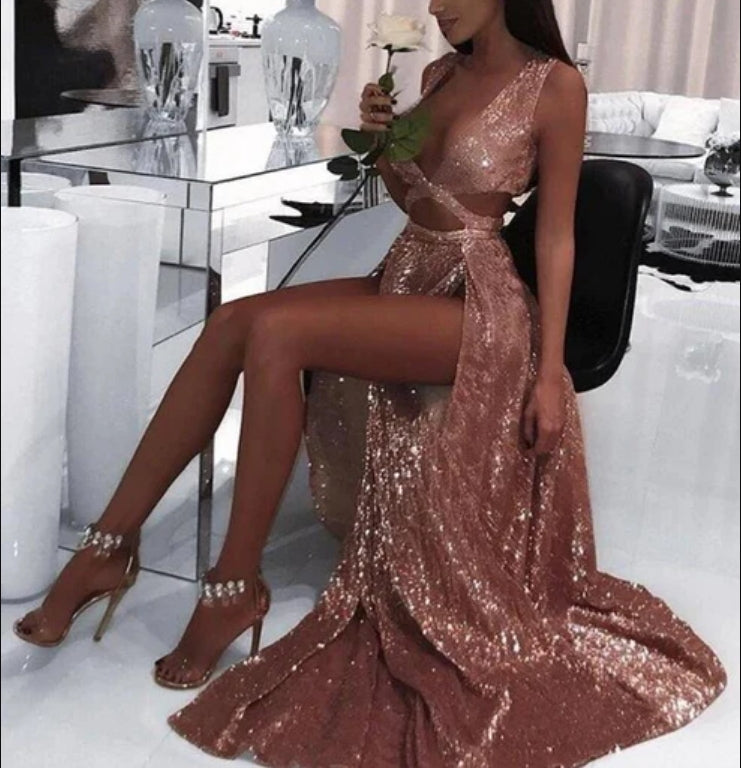 Luolandi A-Line/Princess Sleeveless V-neck Floor-Length Ruffles Sequins Dresses Sexy Evening Dress