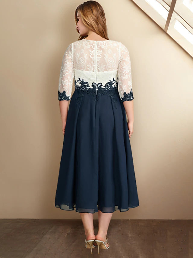 Luolandi A-Line Plus Size Curve Mother of the Bride Dresses Color Block Dress Formal Tea Length Half Sleeve Jewel Neck Chiffon with Appliques