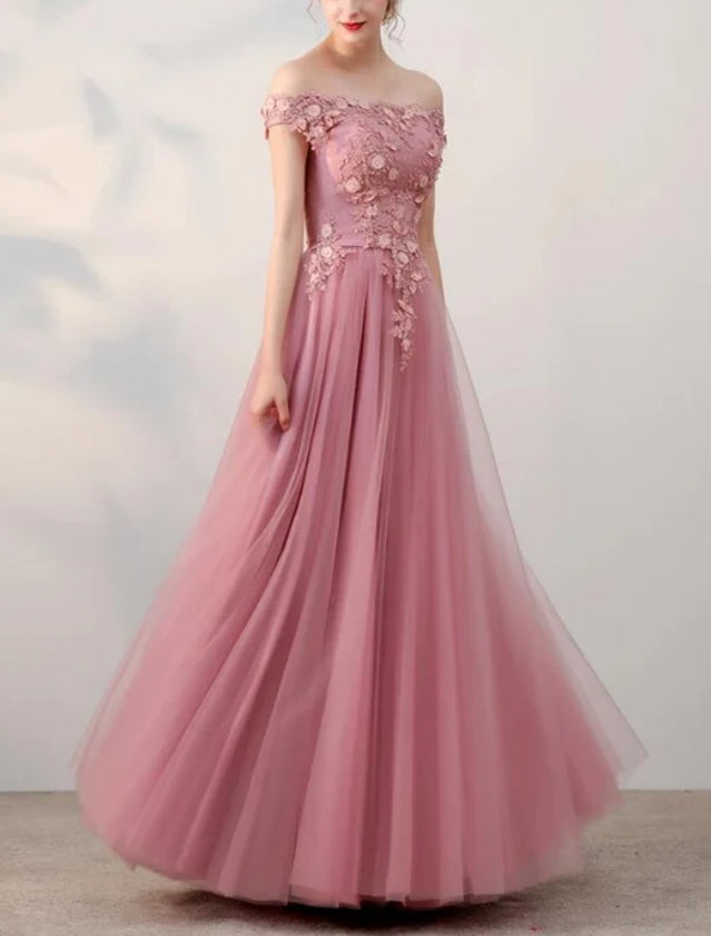 Luolandi Pink Off Shoulder Tulle Long Party Dress Bridesmaid Dress Prom Dress Elegant Evening Dress