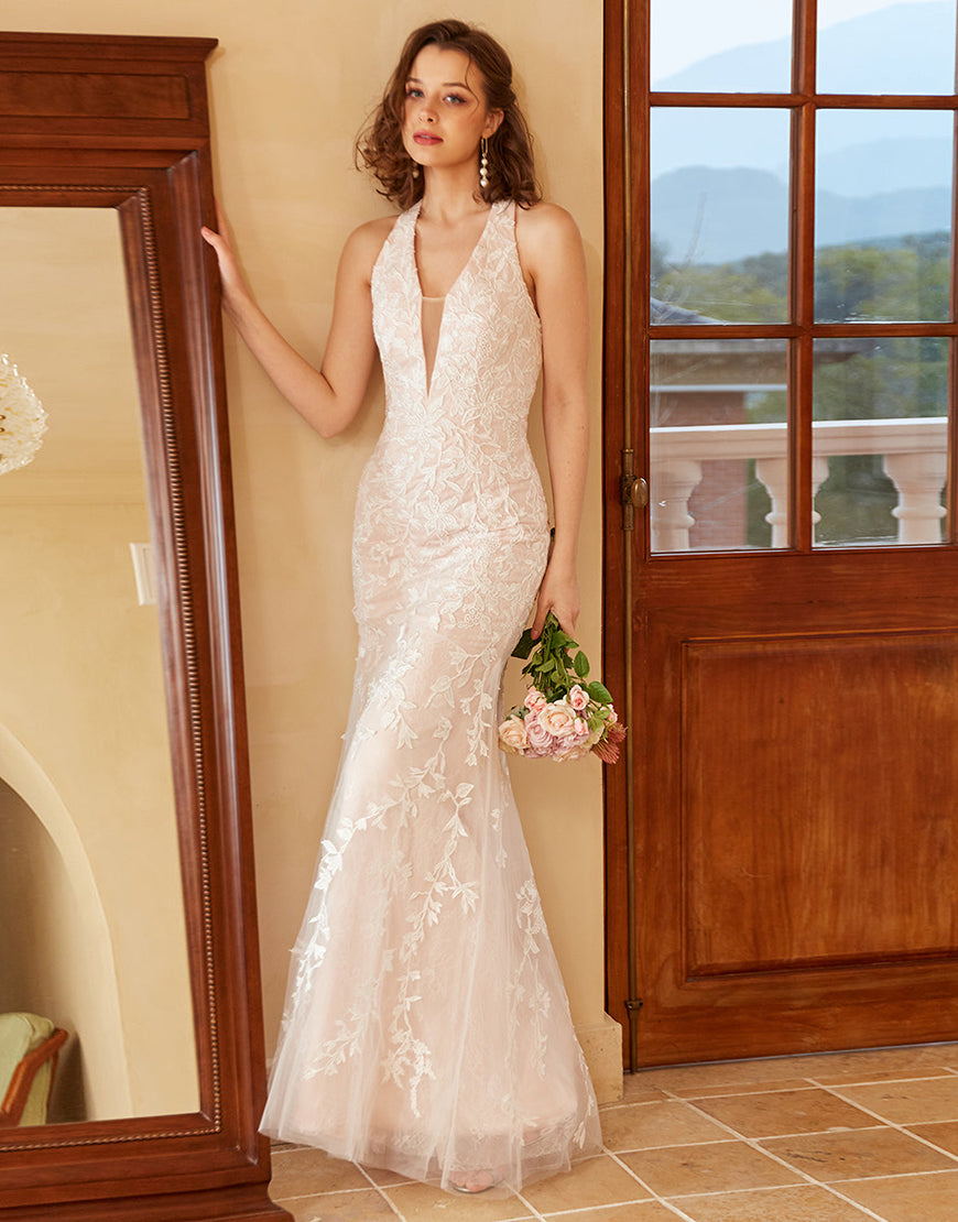 Luolandi Mermaid Deep V Neck Lace Wedding Dress with Appliques Beautiful