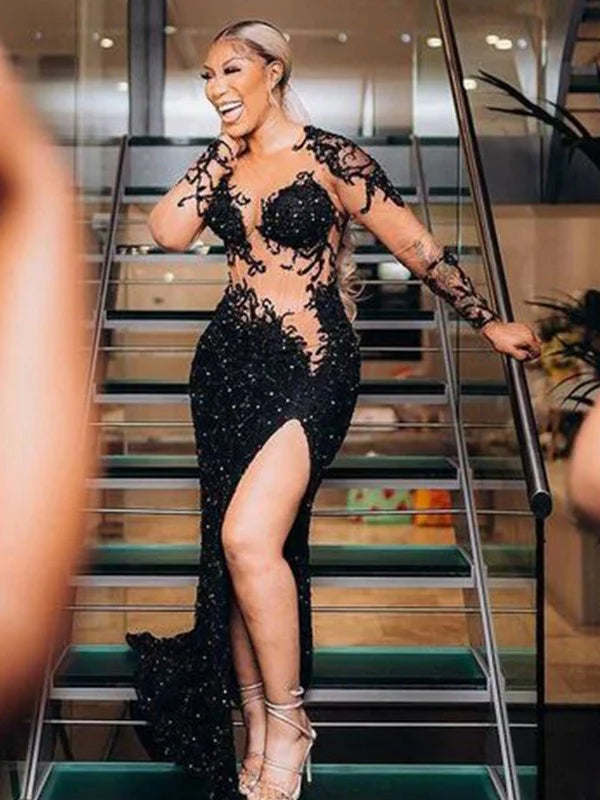 Luolandi Sheath/Column Velvet Sequins Lace Scoop Long Sleeves Chapel Train Dresses Sexy Evening Dresses