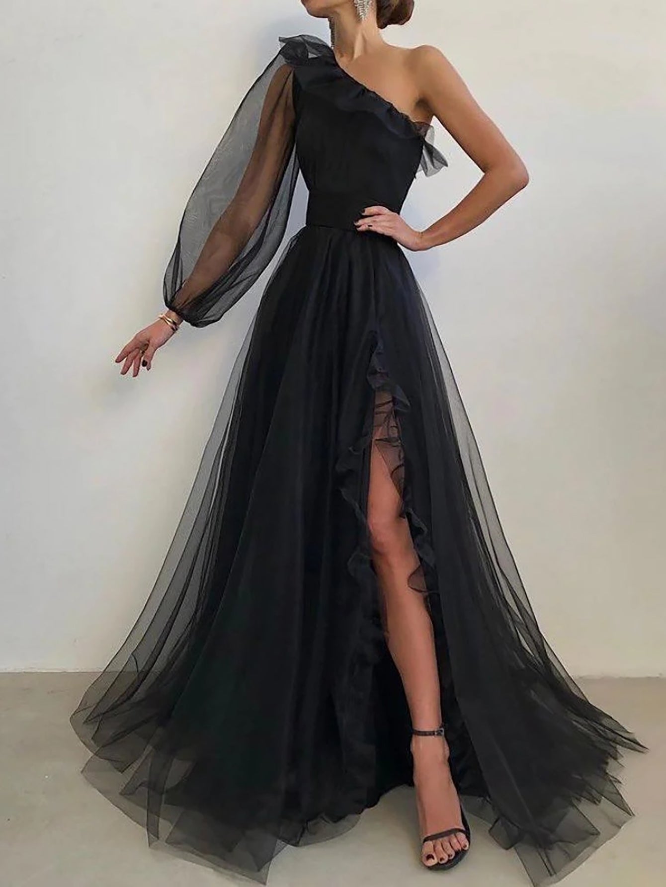 Luolandi One Shoulder Black Tulle A Line Long Prom Dress With Slit Sexy Evening Dress
