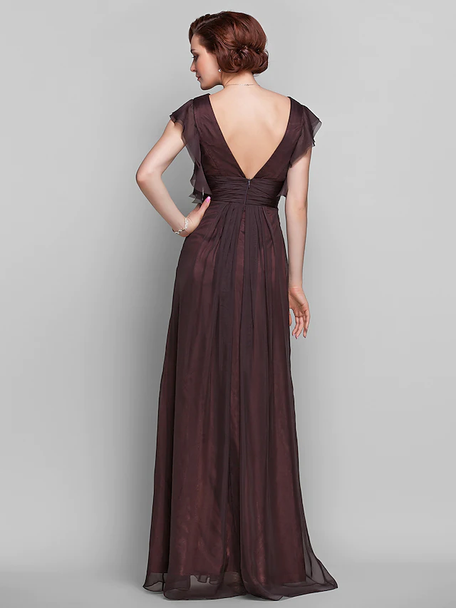 Luolandi Mother of the Bride Dress Beautiful Back V Neck Floor Length Chiffon Short Sleeve with Criss Cross Ruched Draping Pure Color