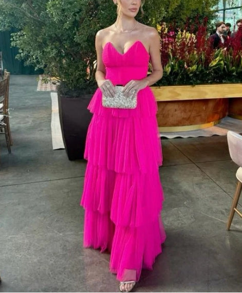 Luolandi Fuchsia Sweetheart A-Line Tulle Tiered Formal Long Party Dress Off Shoulder Sexy Evening Dress