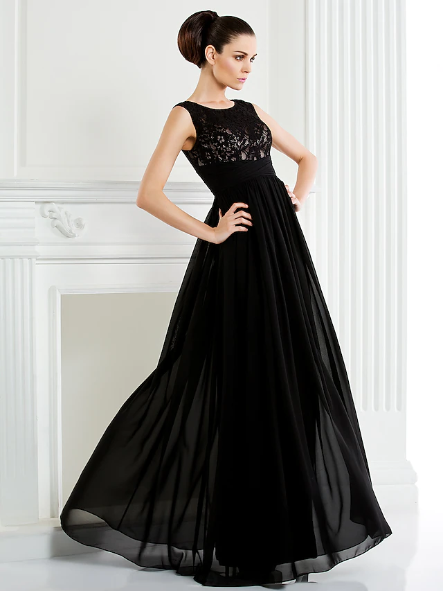 Luolandi A-Line Mother of the Bride Dress Scoop Neck Floor Length Chiffon Lace Sleeveless with Lace Black