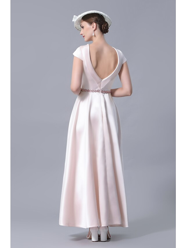 Luolandi A-Line Mother of the Bride Dress Plus Size Cowl Neck Ankle Length Satin Short Sleeve with Crystals Open Back