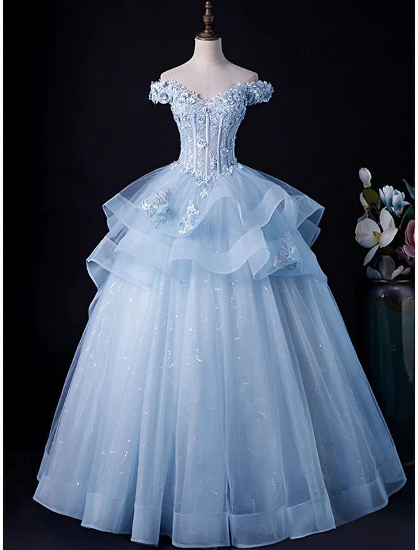 Luolandi Ball Gown Evening Gown Minimalist Dress Formal Wedding Guest Floor Length Sleeveless Off Shoulder Tulle Backless with Pleats Appliques Prom Dress