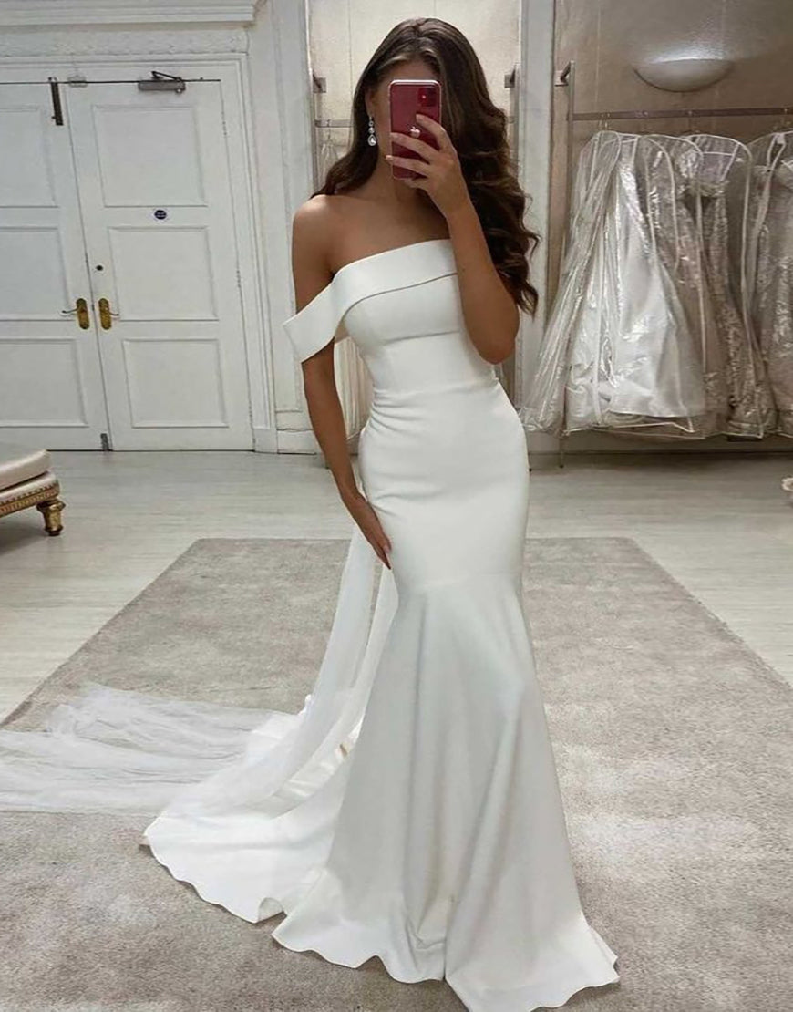 Luolandi Off the Shoulder Court Train Long Bridal Dress Pure Color Wedding Dresses