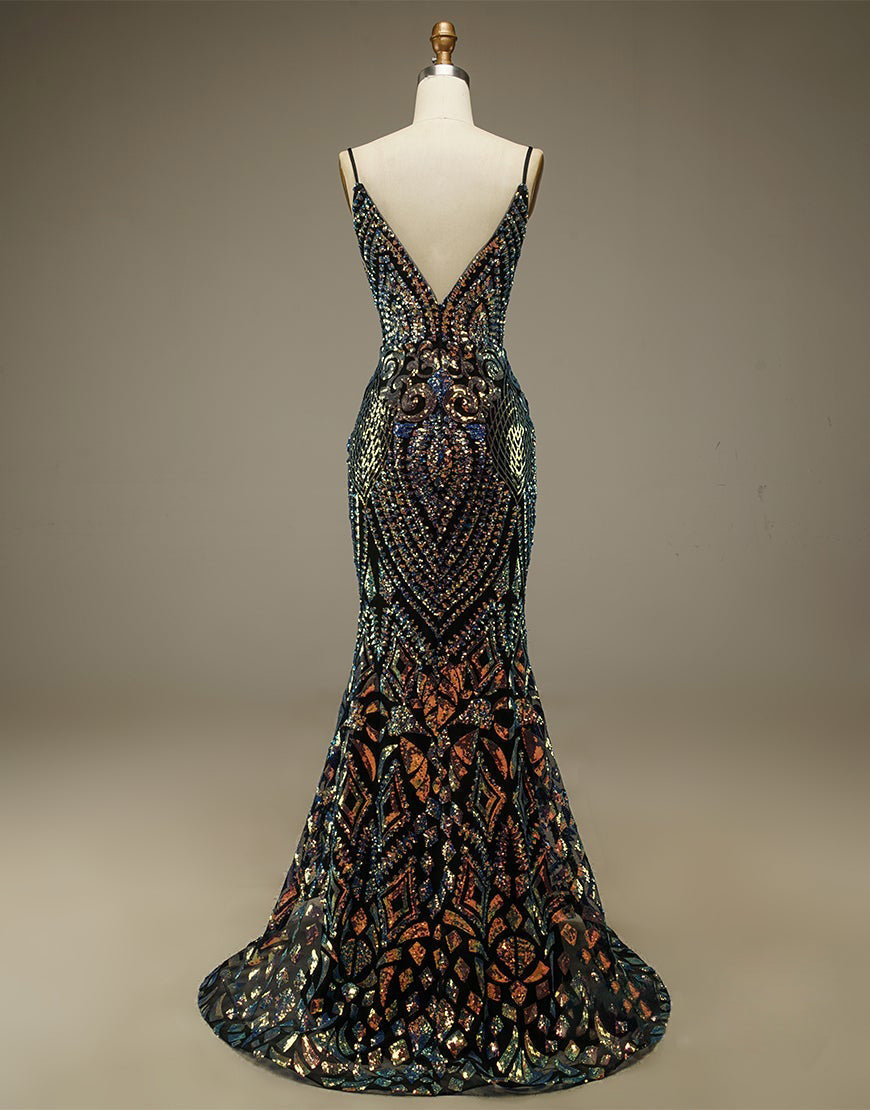 Luolandi Mermaid Glitter Spaghetti Straps V Neck Long Prom Dress Sparkly Evening Dresses