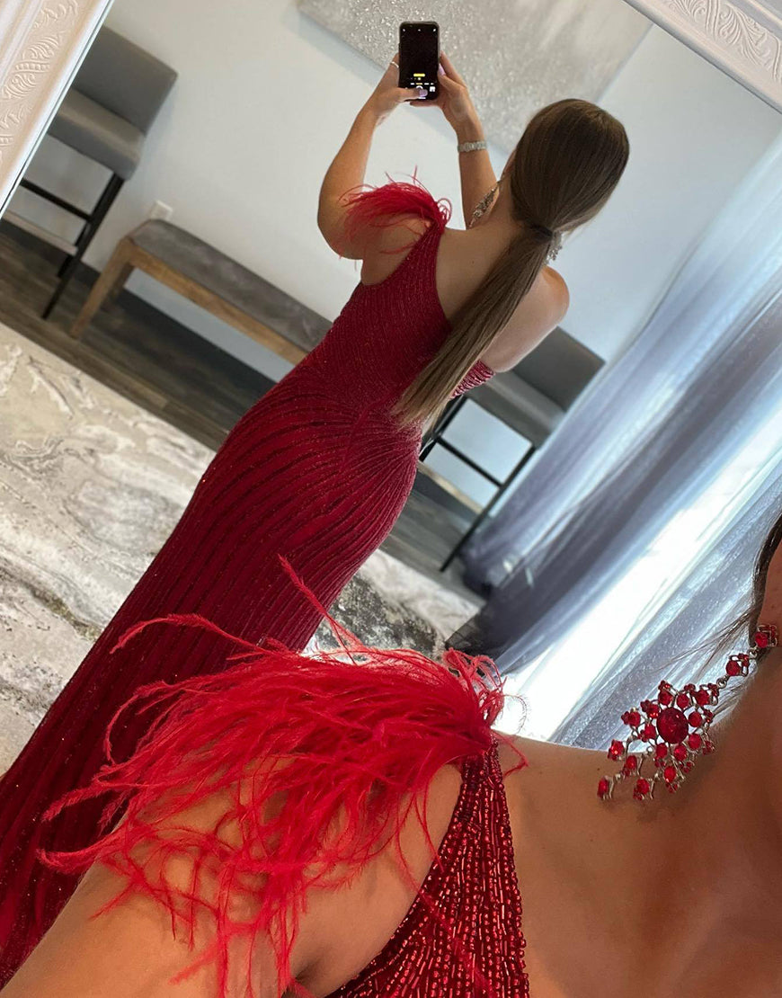 Luolandi One Shoulder Beaded Slit Prom Dress with Feather Burgundy Sexy Evening Dresses Charming