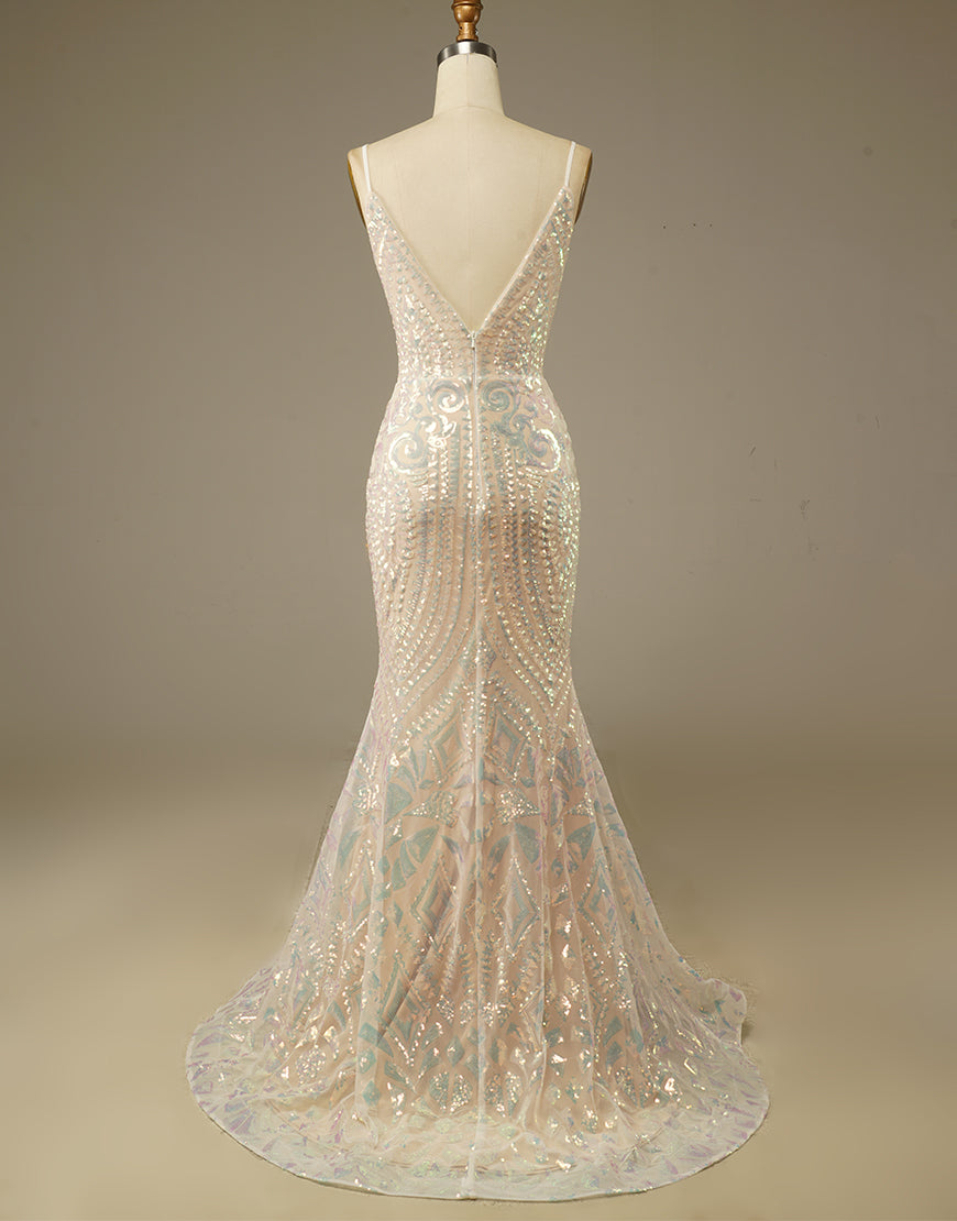 Luolandi Glitter Mermaid Champagne V Neck Prom Dress Open Back Floor Length Sparkly Evening Dresses