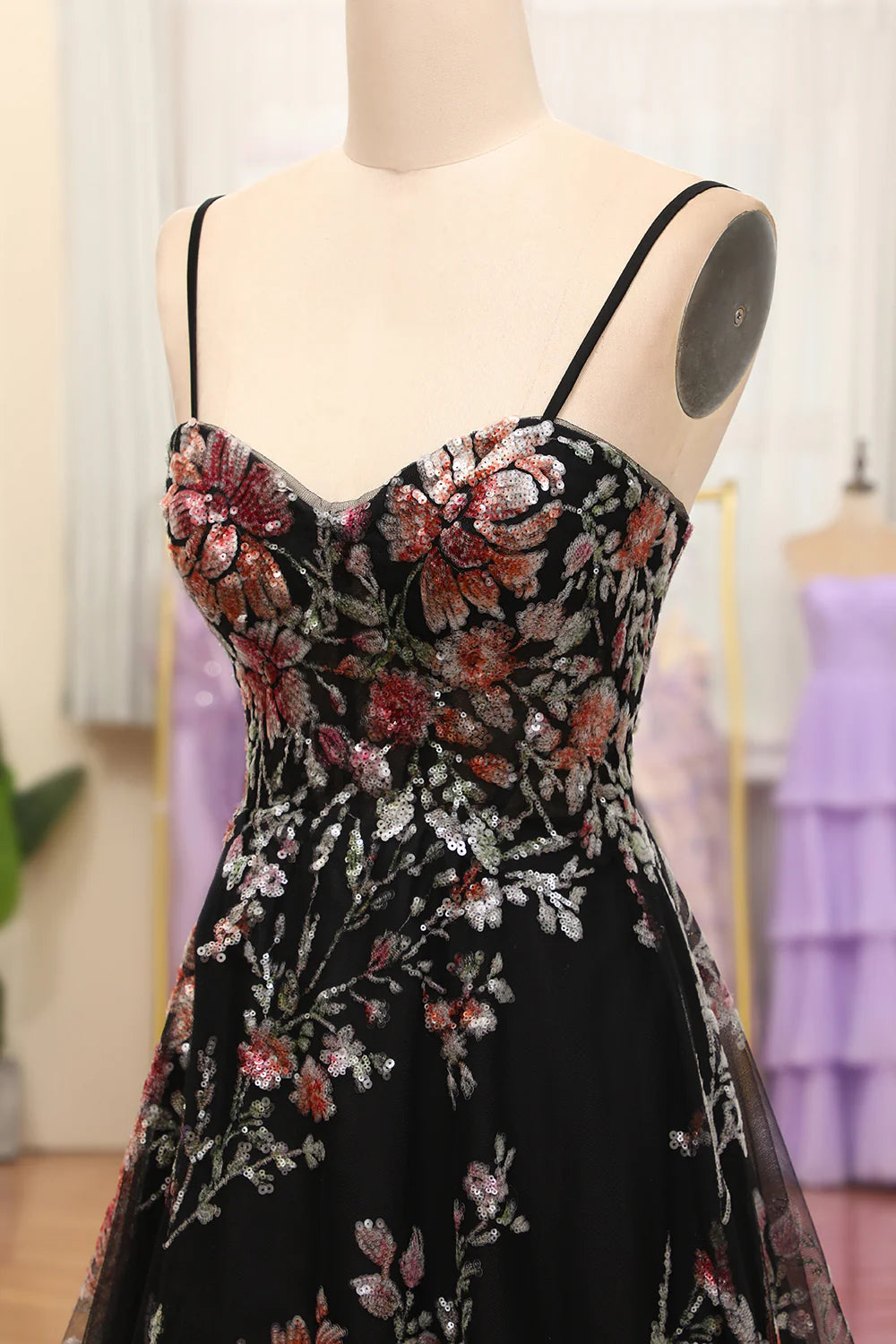 Luolandi A Line Black Floral Spaghetti Straps Printed Long Prom Dress With Flowers Beautiful