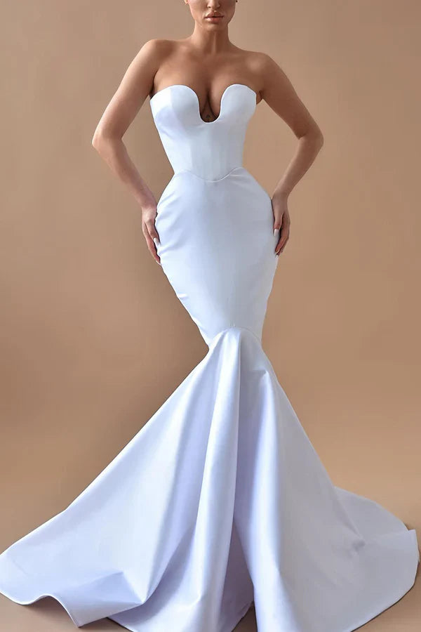 Luolandi Sexy V-neck satin fishtail wedding dress for brides Pure Color Beautiful Without Headscarf