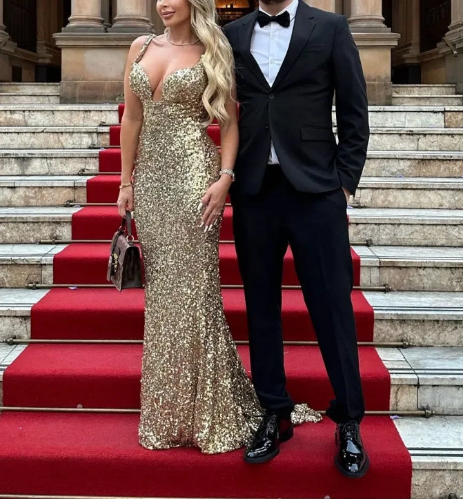 Luolandi Gorgeous Gold Sequins Mermaid Long Prom Dress Sparkly Evening Dress Sexy Party Dress
