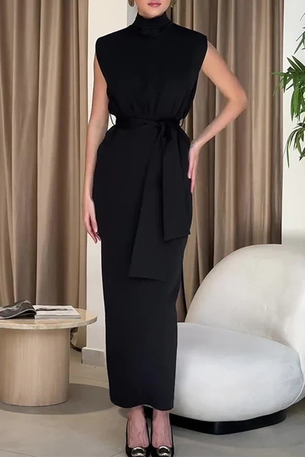 Luolandi Elegant solid color slit with waistband half high neckline skirt evening dress Black