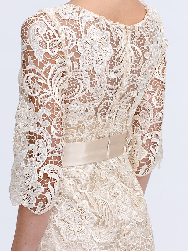 Luolandi Sheath / Column Mother of the Bride Dress Formal Wedding Guest Plus Size Elegant Illusion Neck Knee Length All Over Lace 3/4 Length Sleeve