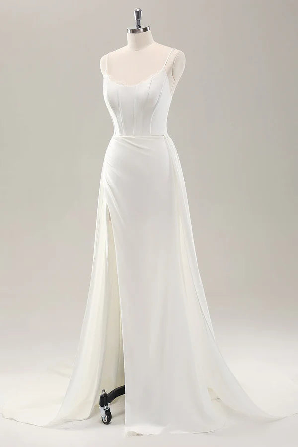 Luolandi thin shoulder strap slit satin trailing wedding dress Sexy