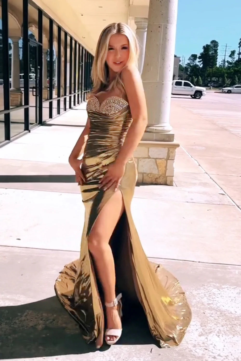 Luolandi Golden Mermaid Strapless Long Prom Dress With Slit Sexy Evening Dress
