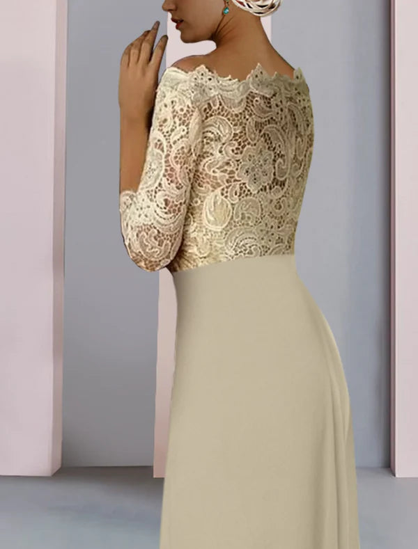 Luolandi Sheath / Column Mother of the Bride Dress Formal Wedding Guest Elegant Scoop Neck Knee Length Chiffon Lace Half Sleeve with Appliques Champagne
