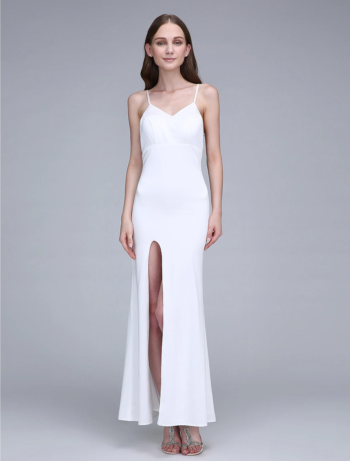 Luolandi Sheath / Column Bridesmaid Dress Bateau Neck Sleeveless Open Back Ankle Length Chiffon with Split Front