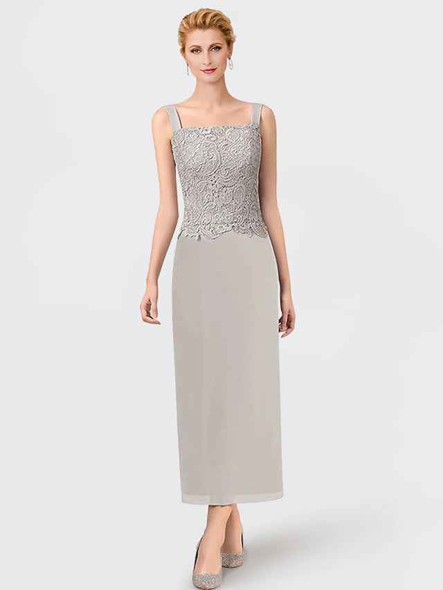 Luolandi Two Piece Mother of the Bride Dress Formal Wedding Guest Elegant Square Neck Ankle Length Chiffon Lace Sleeveless Wrap Included