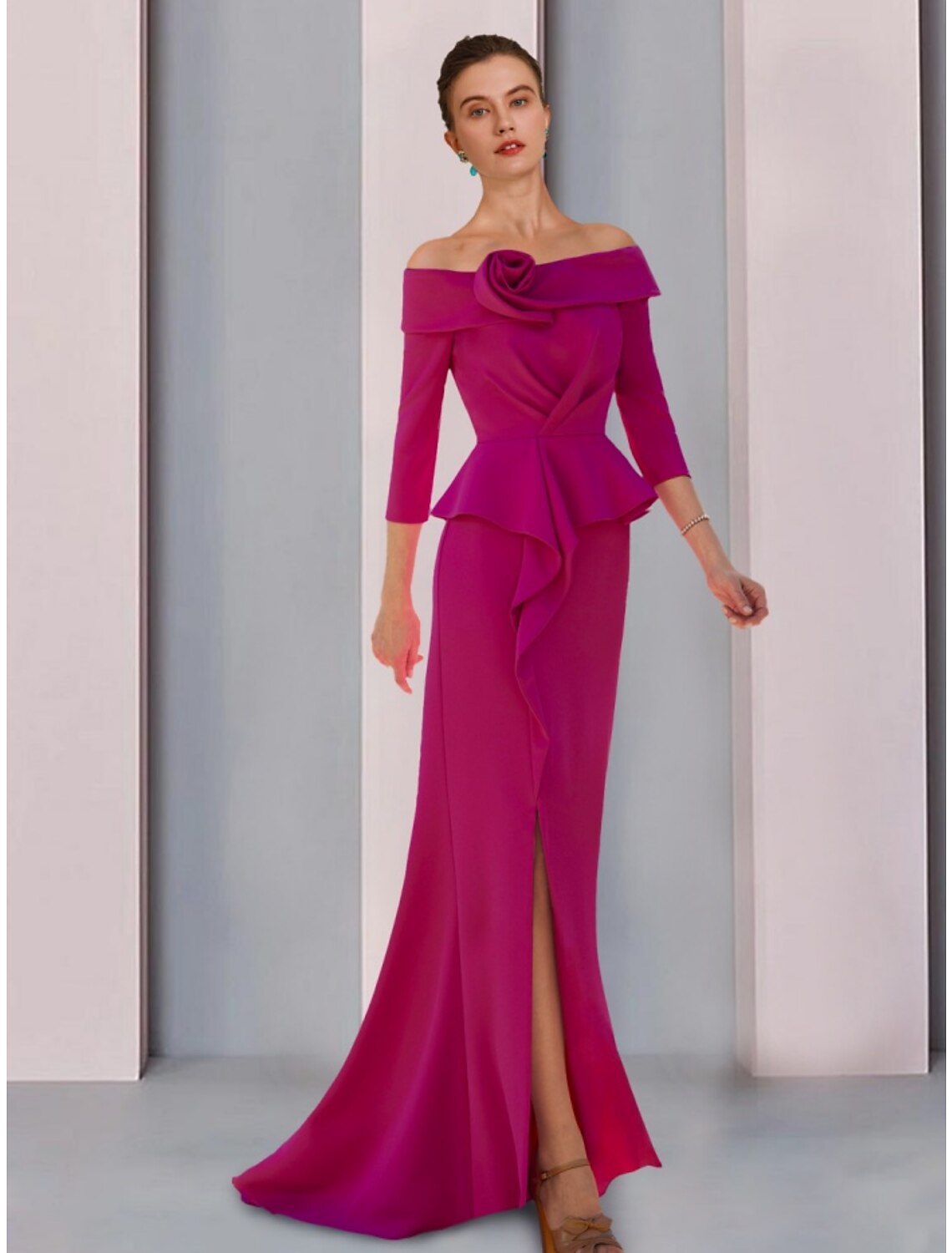 Luolandi A-Line Mother of the Bride Dress Wedding Guest Elegant Off Shoulder Sweep / Brush Train Fabric 3/4 Length Sleeve with Ruffles Split