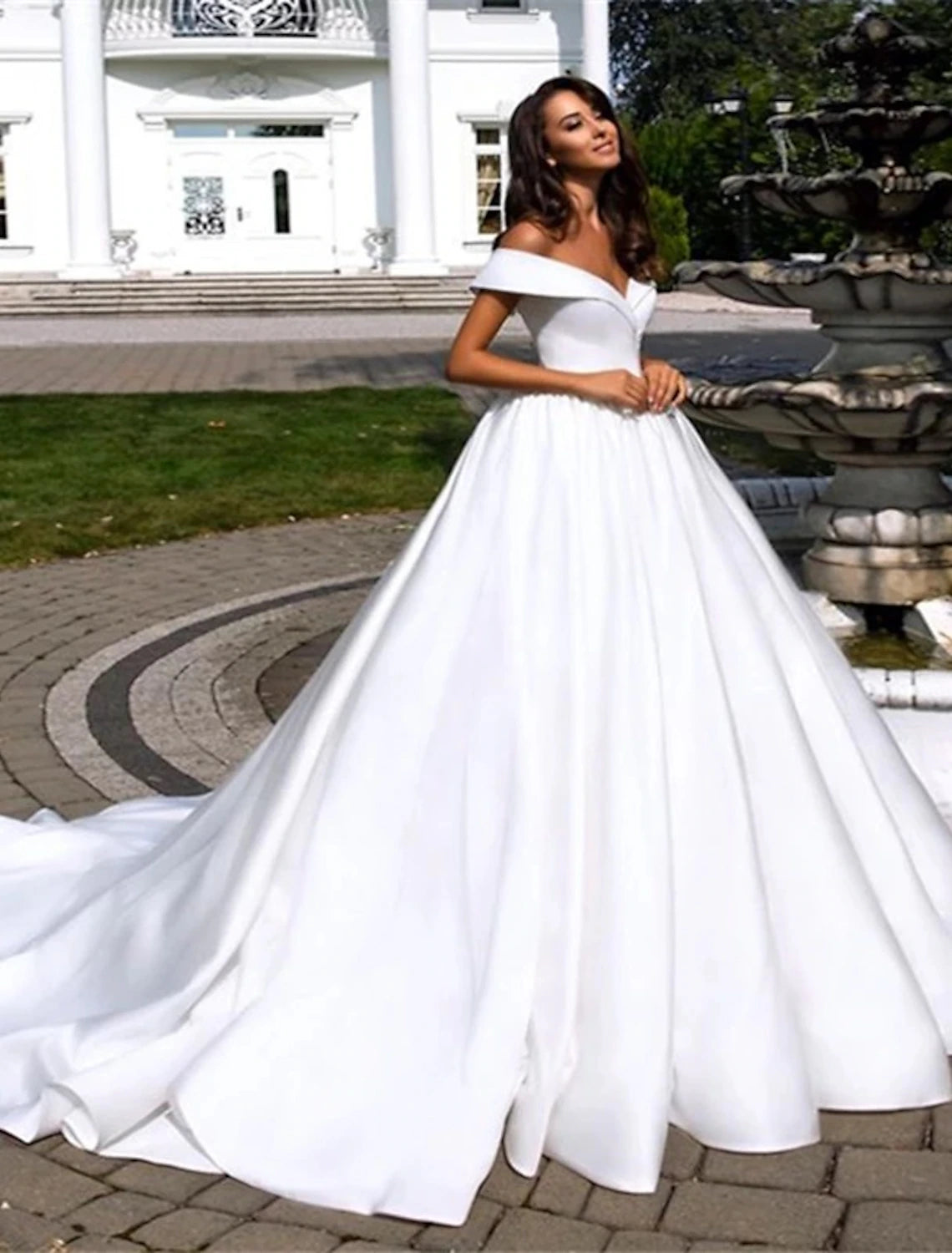 Luolandi Formal Wedding Dresses Ball Gown Off Shoulder Cap Sleeve Chapel Train Satin Bridal Gowns