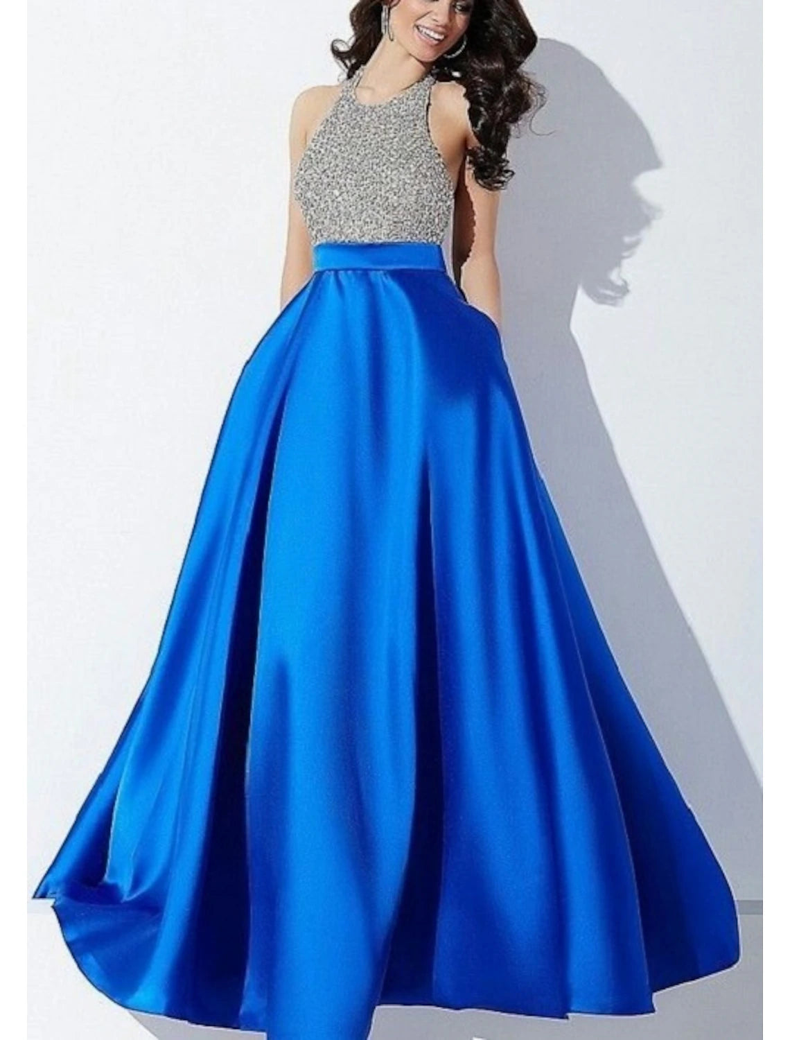 Luolandi A-Line Evening Gown Elegant Dress Formal Floor Length Sleeveless Halter Neck Satin